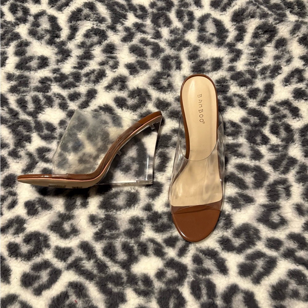 Bamboo Women's Clear and Brown Heeled Mules